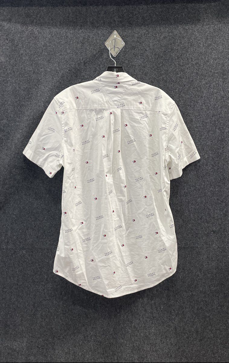 Tommy Hilfiger Men's White Short Sleeve Button Down Logo All Over Print Shirt M