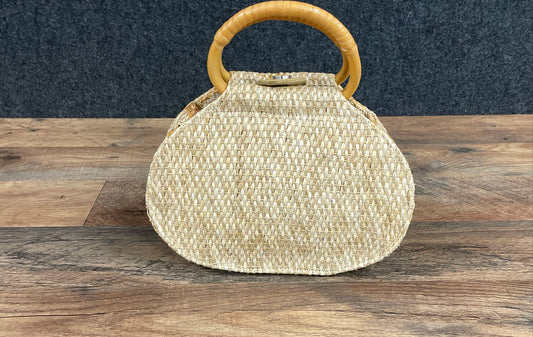 Vintage Fossil Forever Woven Straw Handbag Bamboo Top Handles Postcard Lining