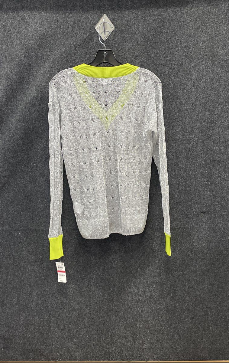 Bar III Women's V-Neck Top Silver Metallic Neon Yellow Open Knit Mesh NWT Sz XS