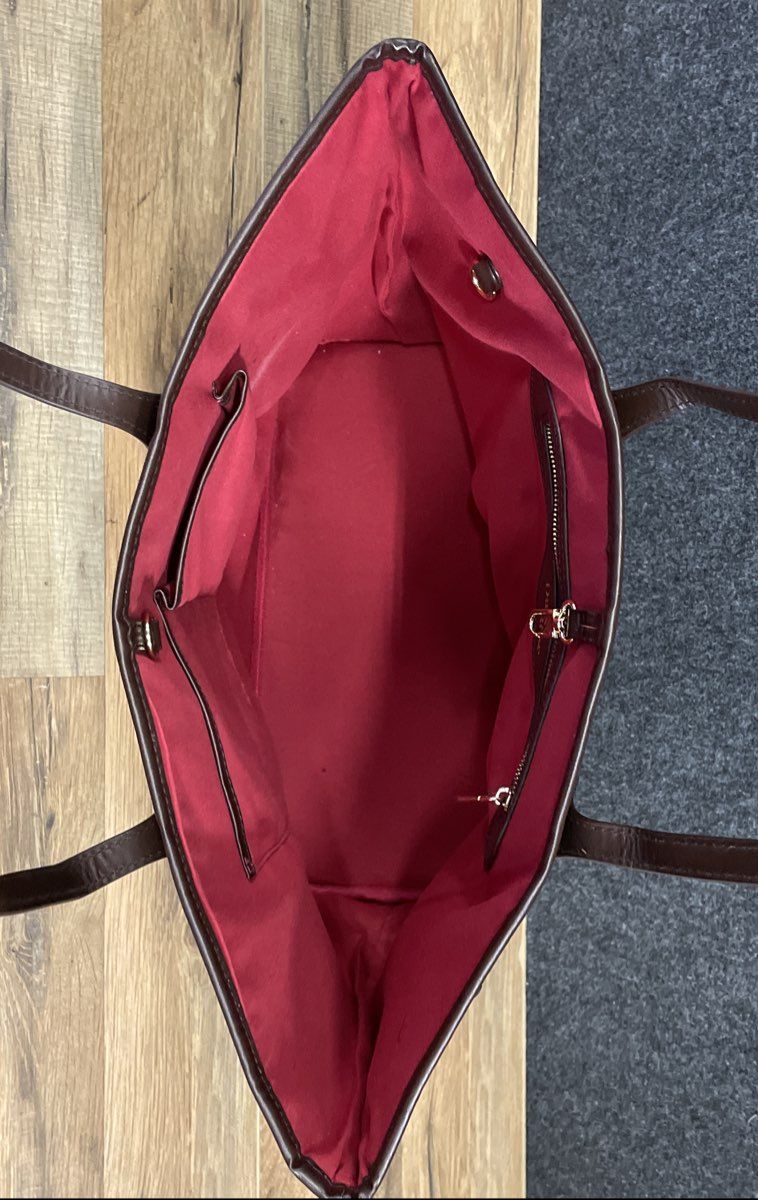 Daisy Rose Brown Crossgrain Leather Tote Bag Red Interior Gold Hardware