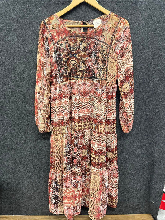 Knox Rose Women's Red Pink Multi Tiered Boho Paisley Embroidery Midi Dress Sz M