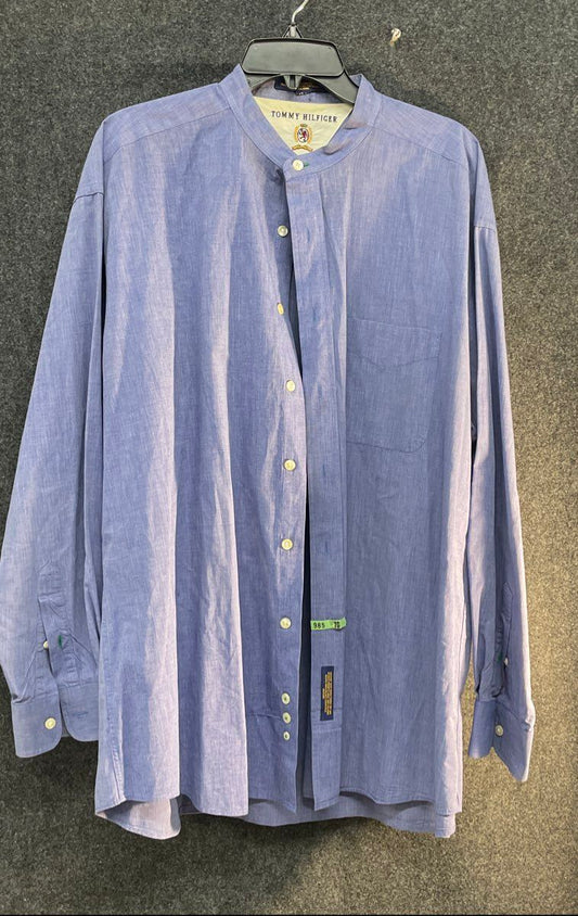 Vintage 90s Tommy Hilfiger Crest Logo Band Collar Button Down Shirt Sz L
