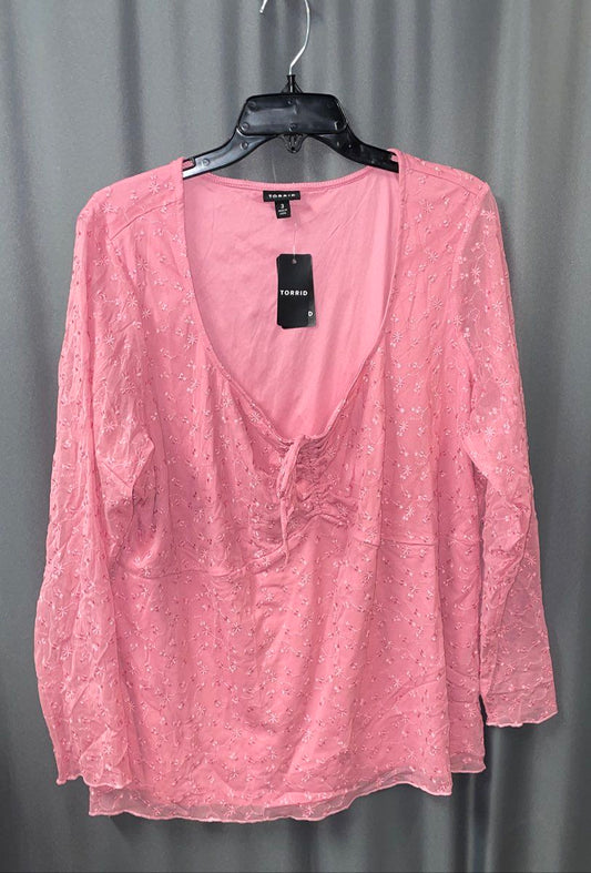 NWT Torrid Women's Pink Embroidered Mesh Tie Front Long Sleeve Top Size 3X