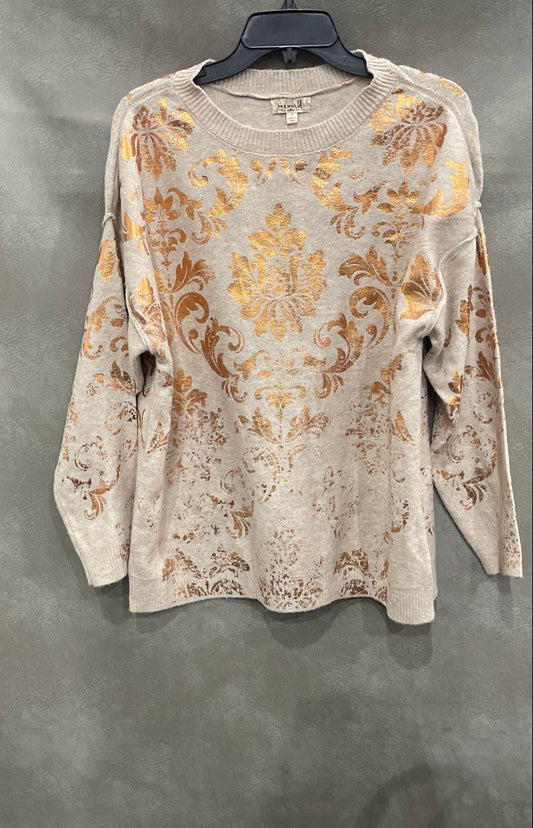 Oneworld Women's Cream Gold Foil Damask Knit Crew Neck Sweater Size S