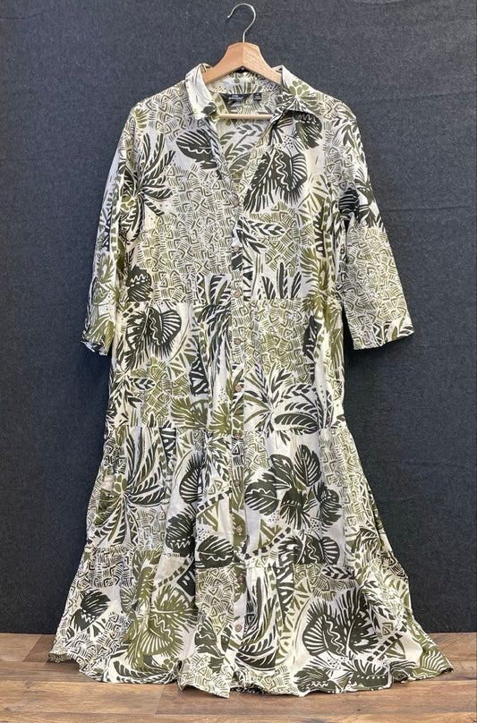Mlle Gabrielle Women's Green Botanical Print Cotton Tiered Shirt Dress Sz M