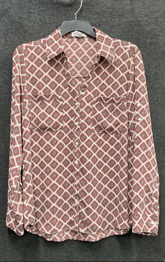 Express Women's The Portofino Shirt Red Geometric Button Up Blouse Size M