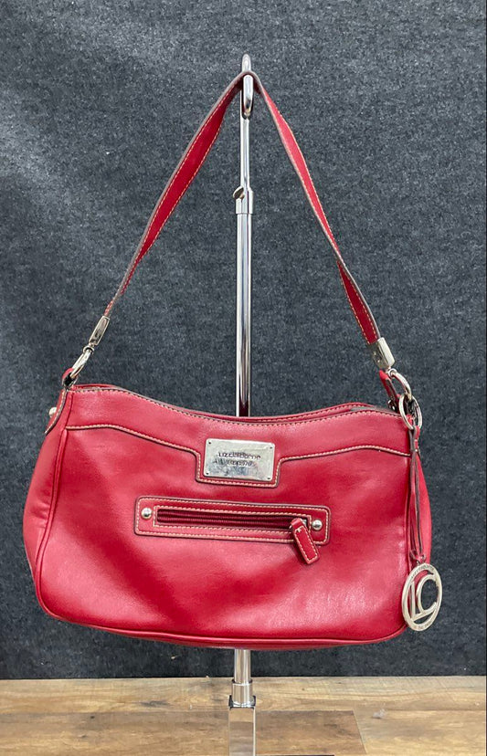 Liz Claiborne Red Faux Leather Shoulder Bag Silver Hardware Logo Charm