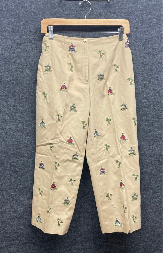 Vintage 90s Talbots Women's Khaki Embroidered Palm Tree Beach Pants Sz 4 Petites