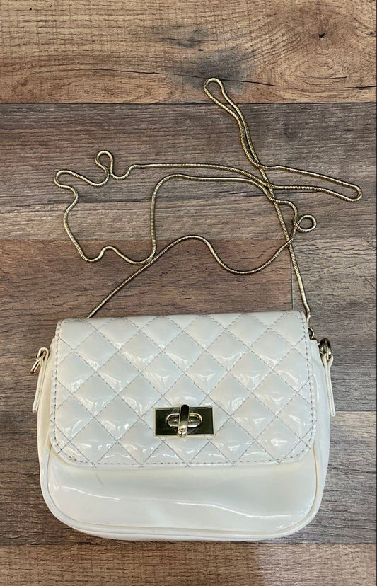 Steve Madden White Patent Quilted Flap Crossbody Bag Gold Chain Hardware