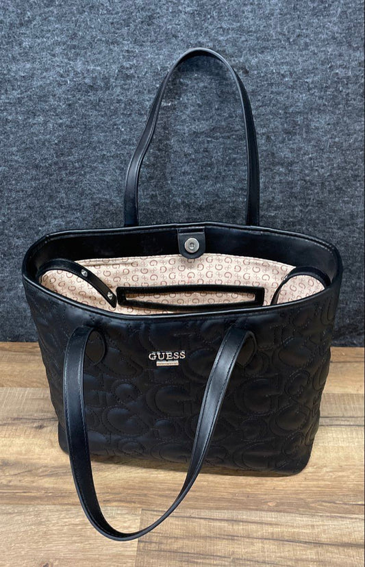 Guess Black Leather Quilted Monogram G Logo Tote Bag Silver Hardware