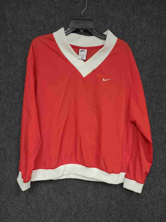 Nike Men's Red V-Neck Pullover Windbreaker White Ribbed Trim Swoosh Sz S