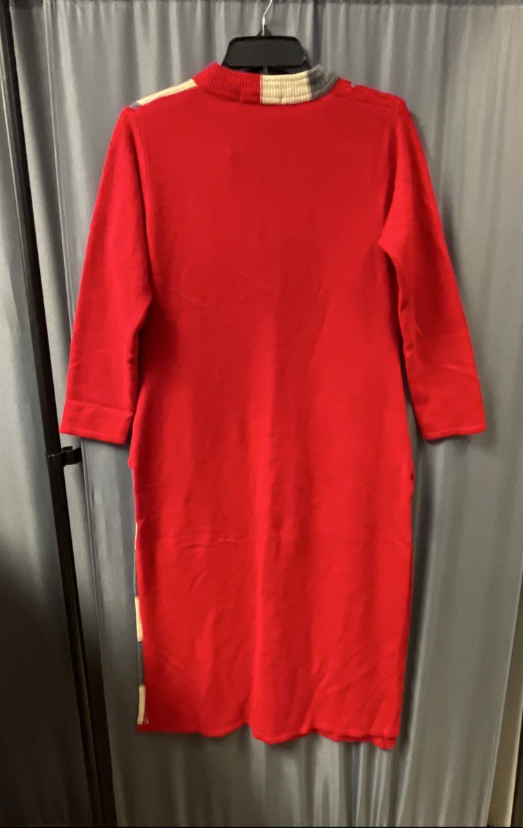 Elisia Women's Red Grey White Colorblock Checkered Knit Sweater Dress Sz M