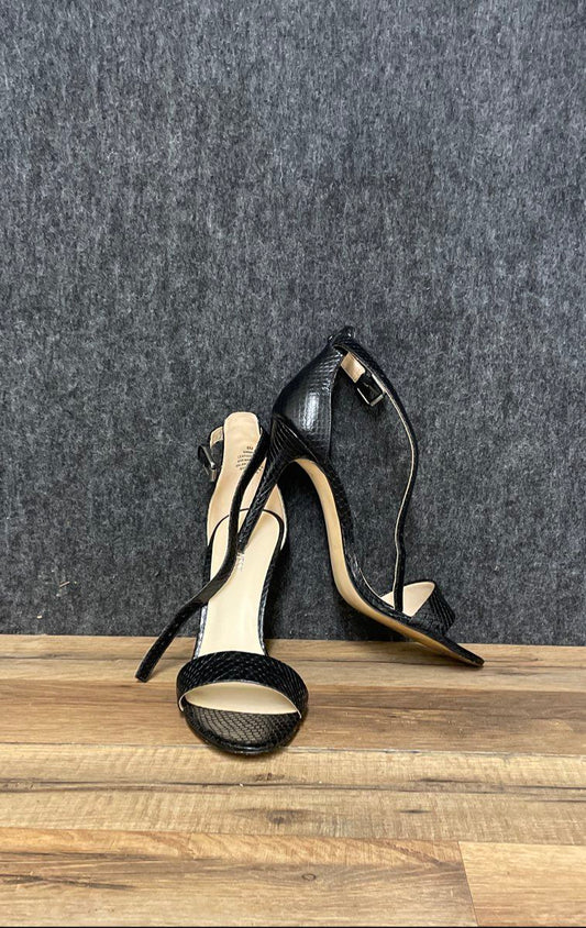 Nine West Mandey Black Snakeskin Embossed Heeled Ankle Strap Sandals Size 8 M