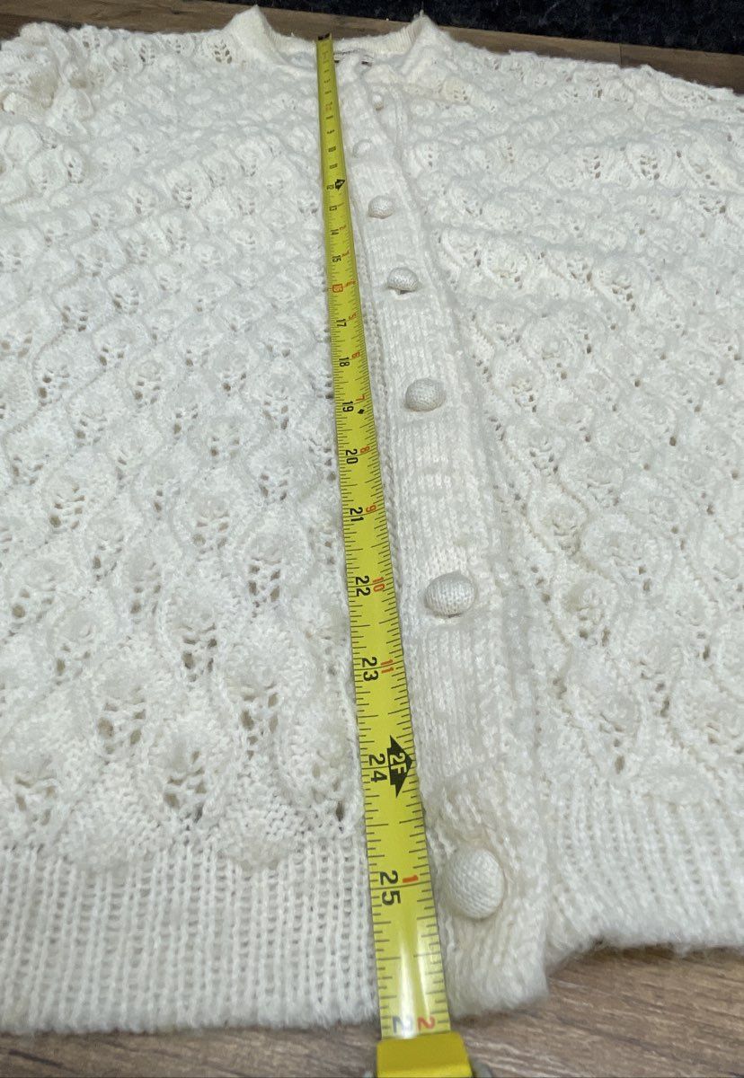 Vintage 60s Boepple White Pointelle Knit Cardigan Sweater Orlon Acrylic Sz M