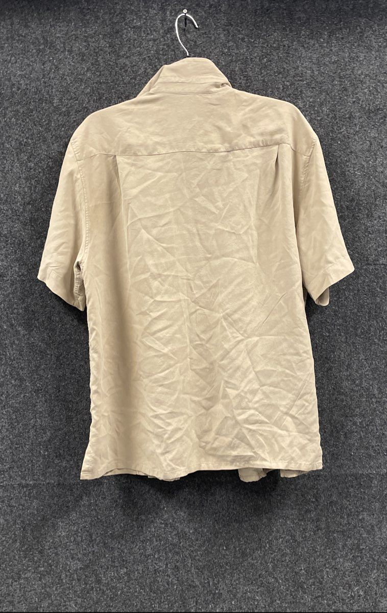 Fuslone Men's Tan Brown 100% Silk Embroidered Short Sleeve Button Down Shirt M