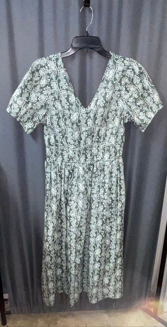 J. Crew Women's White Green Floral Short Sleeve V-Neck Cotton Midi Dress Sz 4