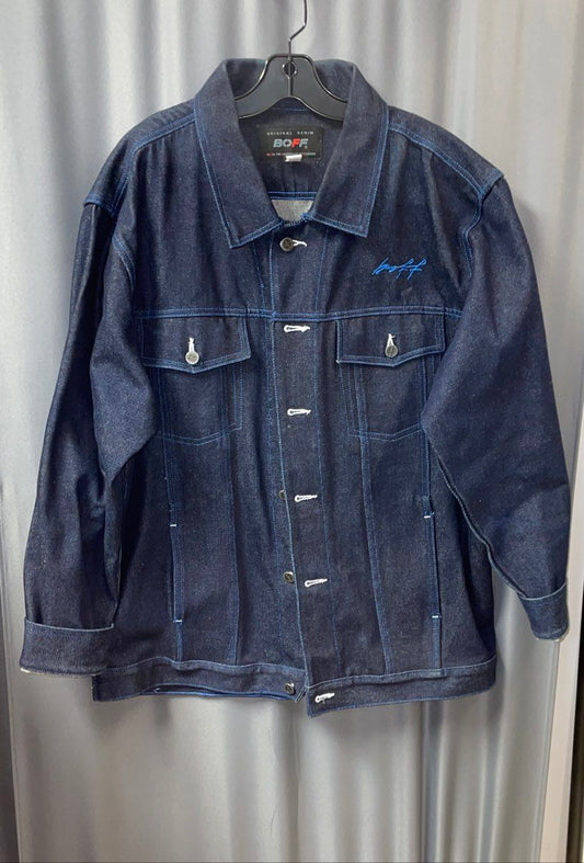 Boff Men's Navy Blue Vintage Y2K Embroidered Signature Denim Trucker Jacket L