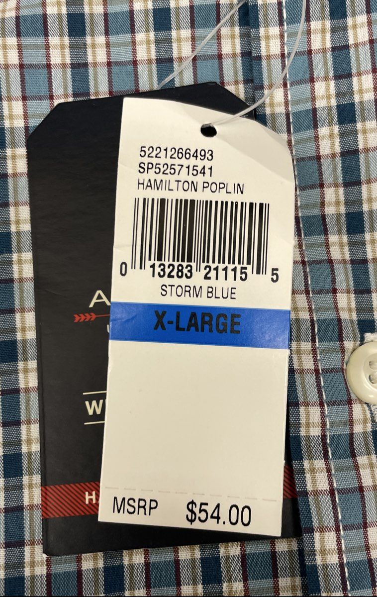 Arrow Men's Plaid Button Down Shirt Storm Blue Hamilton Poplin Wrinkle Free SzXL