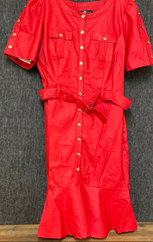 Ashley Stewart Women's Red Quilted Faux Leather Button Up Belted Dress Sz 14/16