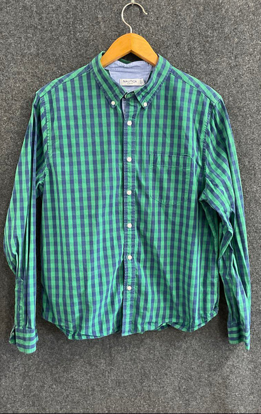 Nautica Men's Slim Fit Button Up Shirt Green Blue Gingham Cotton Sz XL