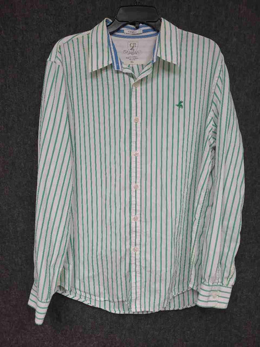 Club Room Men's Long Sleeve Button Down Shirt Green White Stripe Vintage Fit XL
