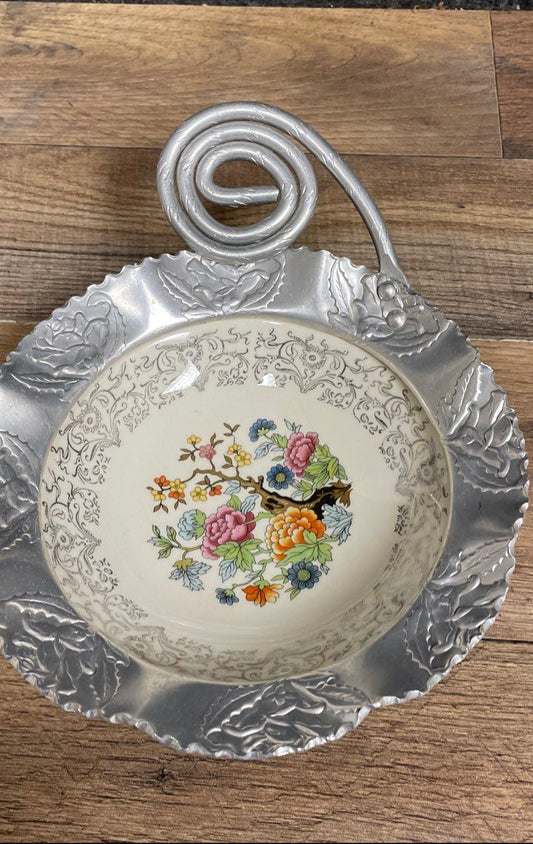 Vintage Farber & Shlevin Aluminum Handled Serving Bowl Floral Ceramic Insert