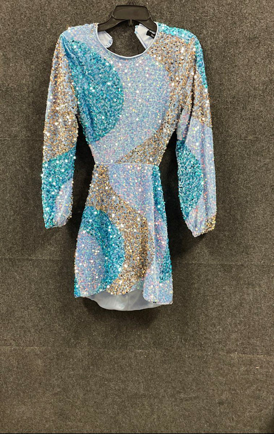 Strut & Bolt Women's Blue Gold Sequin Open Back Mini Dress Long Sleeve Sz S NWT