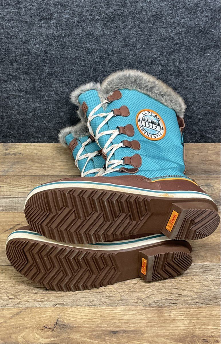 LL Bean Wildcat Boots Teal Brown Waterproof Faux Fur Snow Boots Women's Size 10