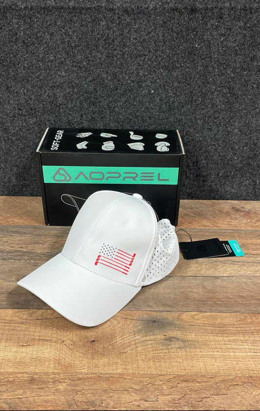 Aoprel NWT Men's Golf Hat White American Flag Dry-Fit Perforated Adjustable