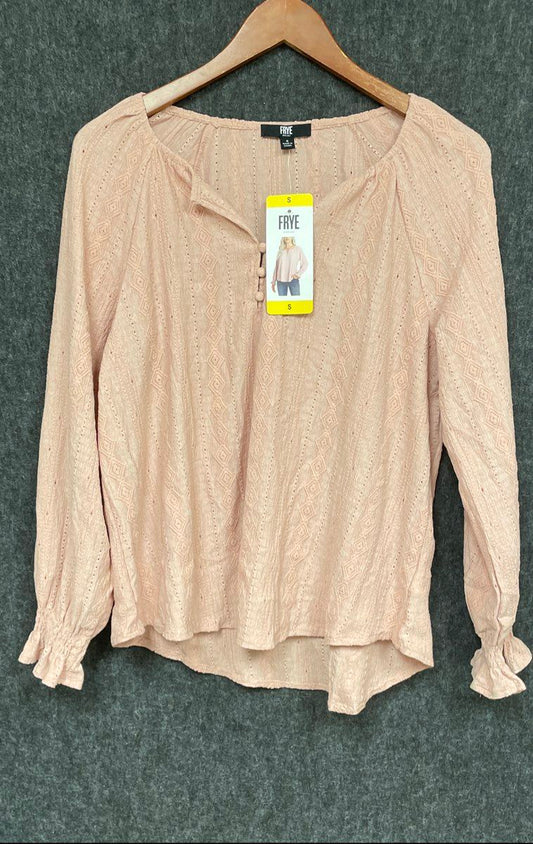 Frye NWT Women's Pink Eyelet Henley Blouse Long Sleeve Ruffle Cuff Size S