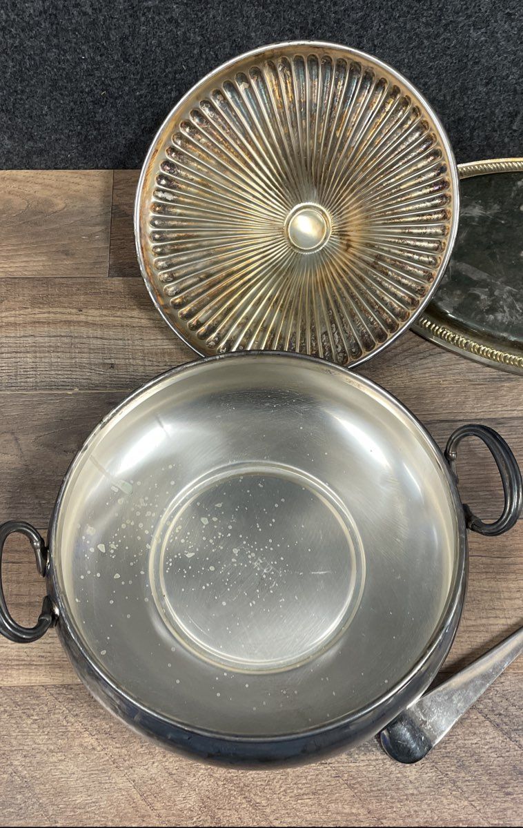 Vintage Silver Plate Holloware Serving Lot 4 Piece Tureen Tray Cup Spoon