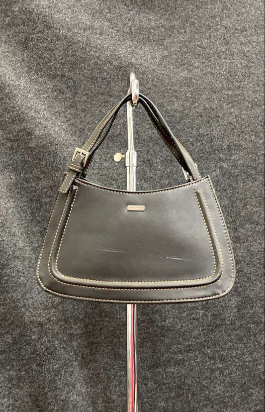 Vintage Nine West Black Leather Shoulder Bag Silver Hardware Contrast Stitch
