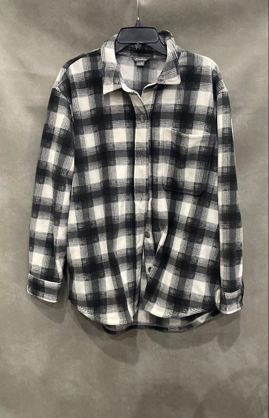 Eddie Bauer Women's White Black Plaid Microfleece Button Up Shirt Jacket Sz XL