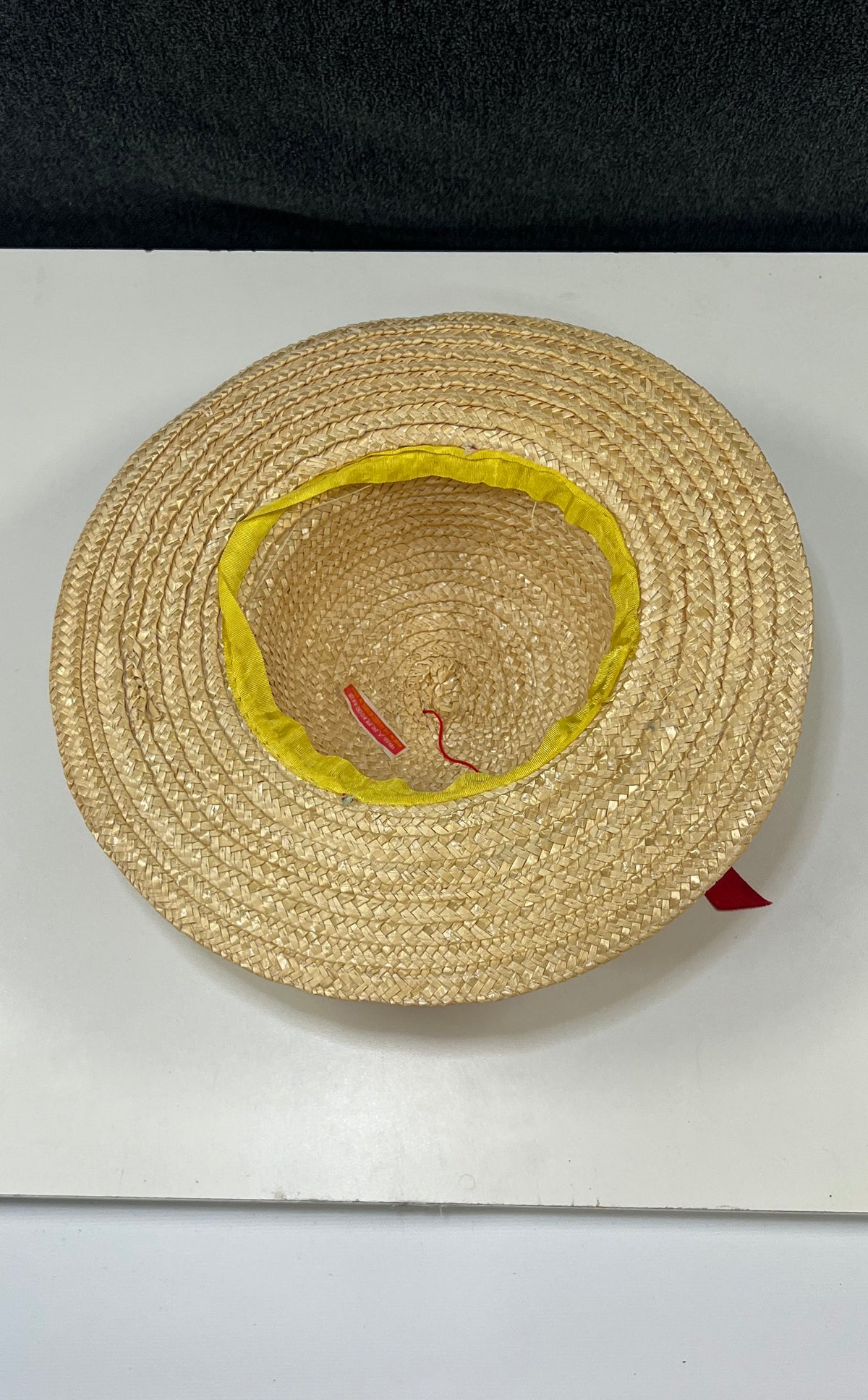Vintage 80s Woven Straw Sun Hat Red Stitched Detail Wide Brim Ribbon Sz OS