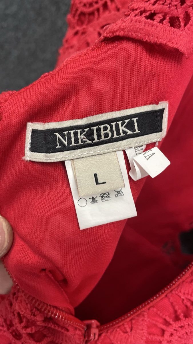 NikiBiki Women's Red Geometric Lace Mock Neck Criss Cross Cutout Dress Sz L