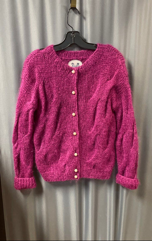 Pridia Women's Fuschia Mohair Wool Cable Knit Pearl Button Cardigan Size M