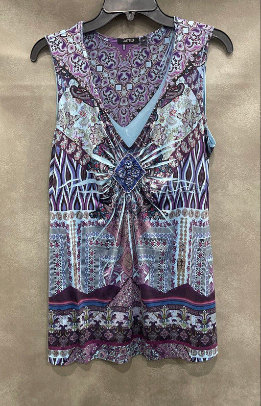 Apt 9 Women's Sleeveless Shirt Blouse Blue Purple Paisley Medallion Beaded Sz M