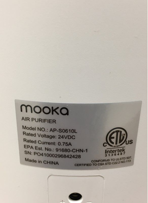 Mooka Model AP-S0610L Air Purifier White with Touch Control Panel