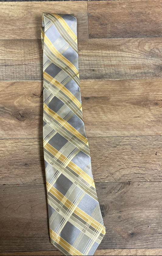 Calvin Klein Men's Necktie Tie Gray Gold Yellow Plaid Check Pattern
