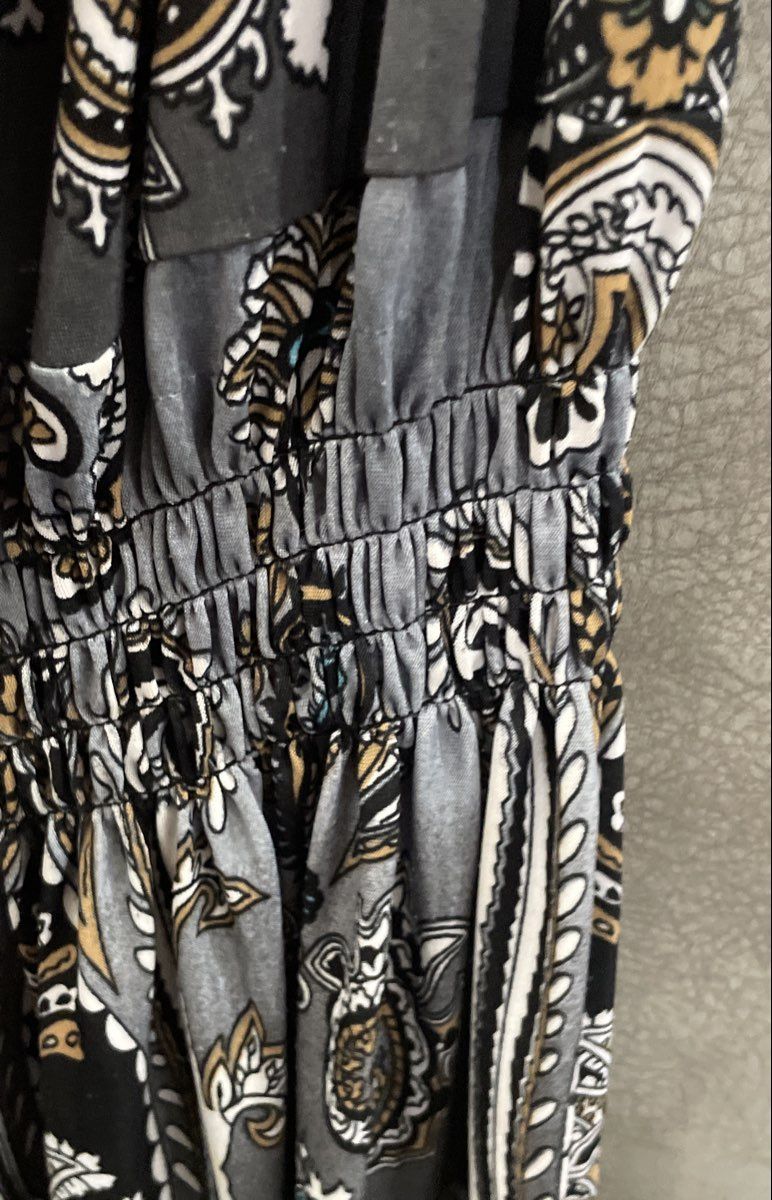 Prestige Women's Grey Paisley Geometric Smocked Waist Ruffle Dress Sz S
