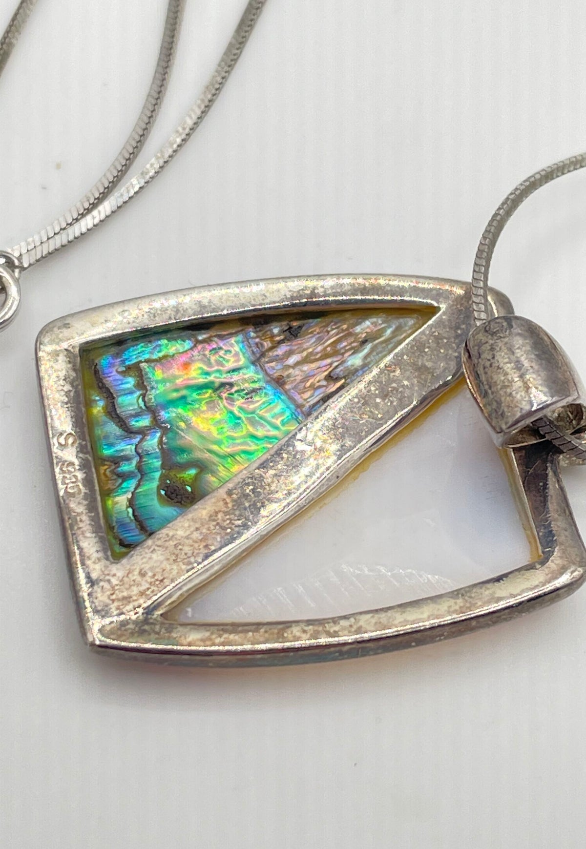 925 Sterling Silver Wampum & Abalone Shell Split Pendant Necklace 8.5g