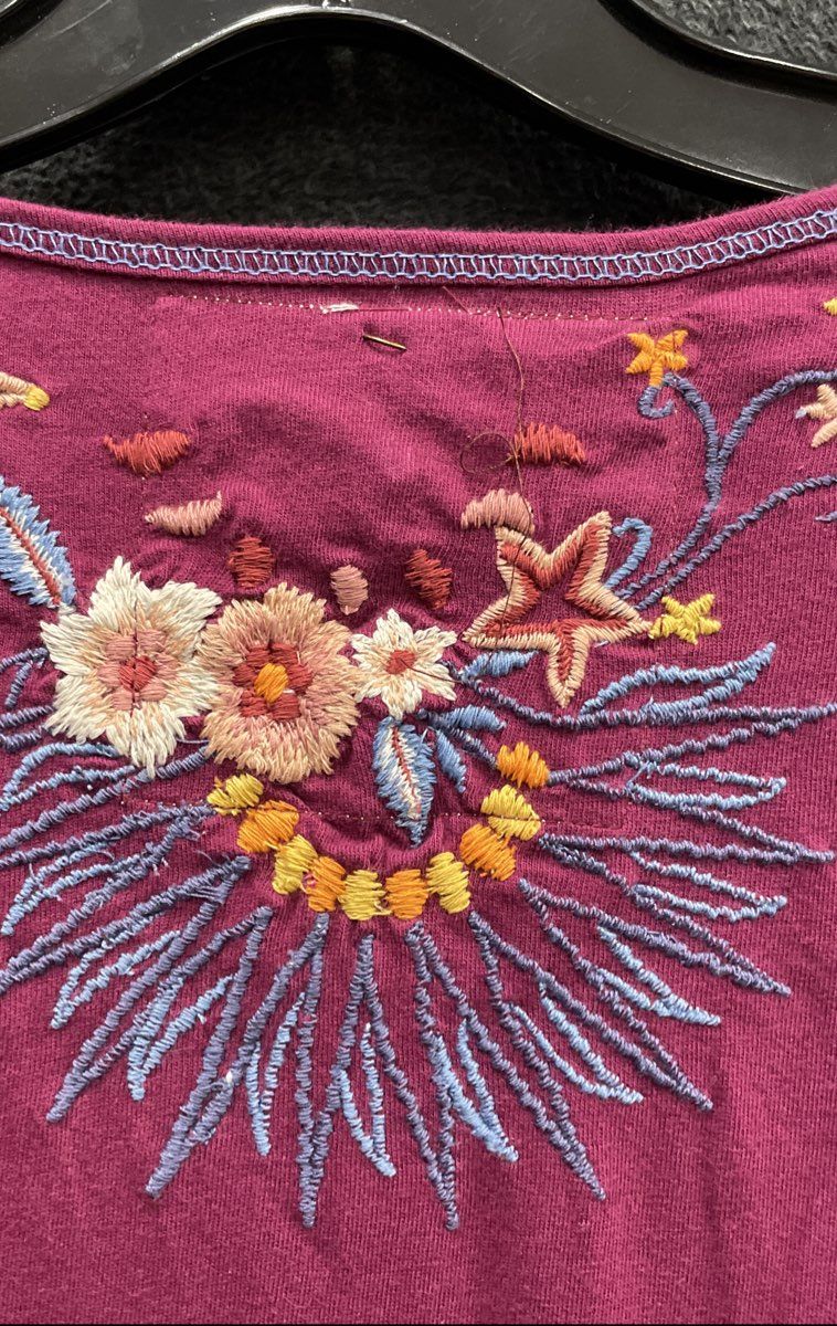 Caite Women's Magenta Floral Embroidered Long Sleeve Cotton Henley Top Sz S