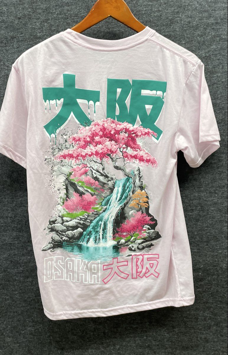 RGSTAR Men's Pink Osaka Japan Cherry Blossom Waterfall Graphic T-Shirt Sz M