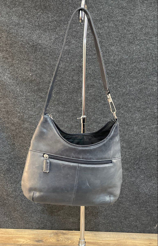 Tignanello Dark Navy Blue Leather Hobo Shoulder Bag Silver Hardware