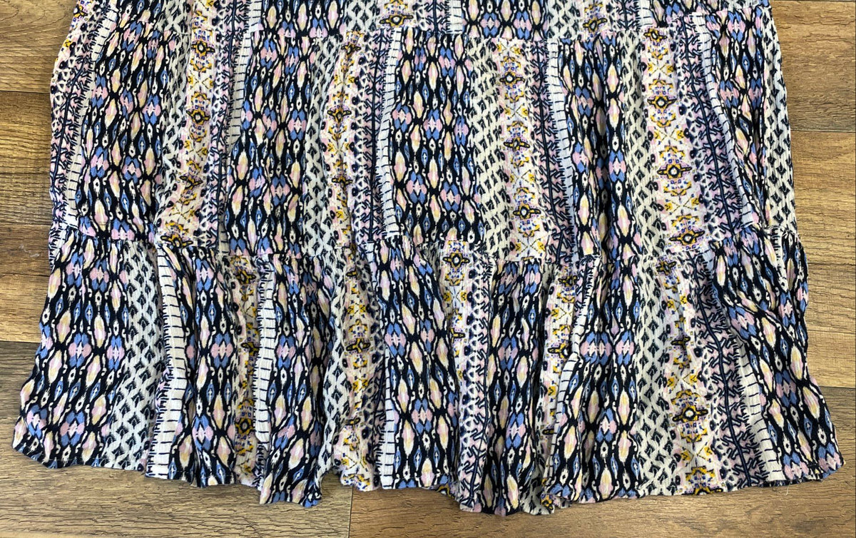 LOFT Women's Geometric Boho Tiered Rayon Short Sleeve V-Neck Dress Sz L