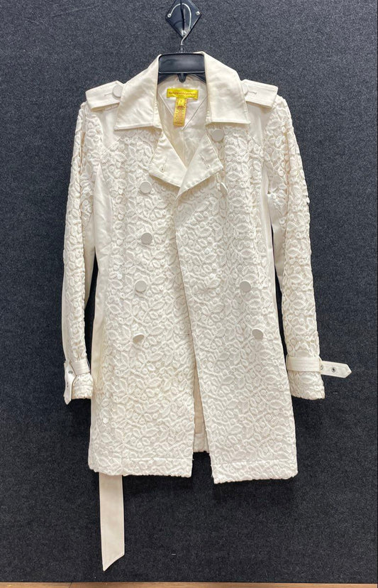 Catherine Malandrino Women's White Lace Overlay Double Breasted Trench Coat Sz 4