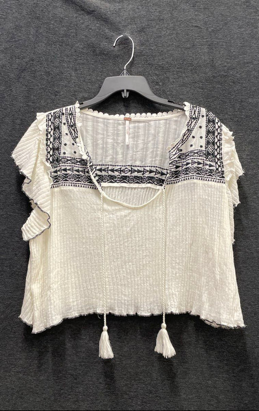 Free People Women's White Embroidered Tassel Tie Front Ruffle Top Sz M