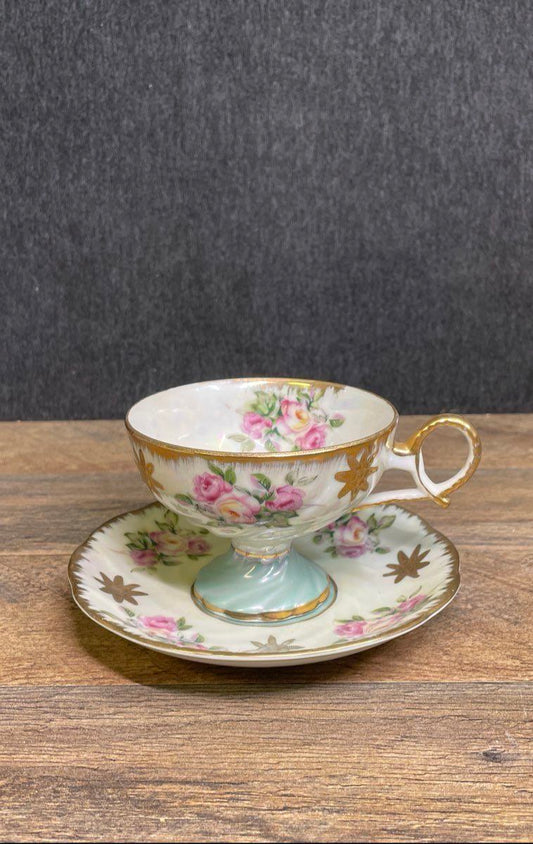 Vintage Royal Halsey Pink Rose Lusterware Pedestal Teacup & Saucer Set Japan