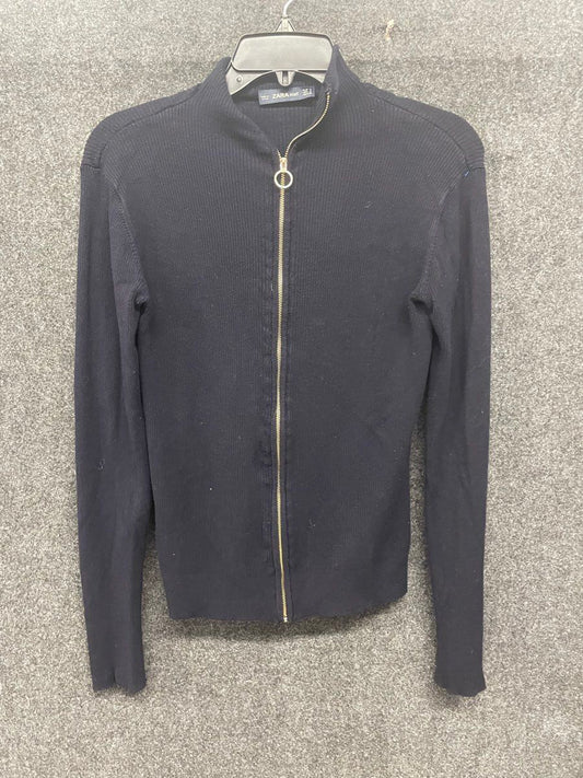 Zara Knit Women's Navy Blue Ribbed Full Zip Mock Neck Sweater Sz M