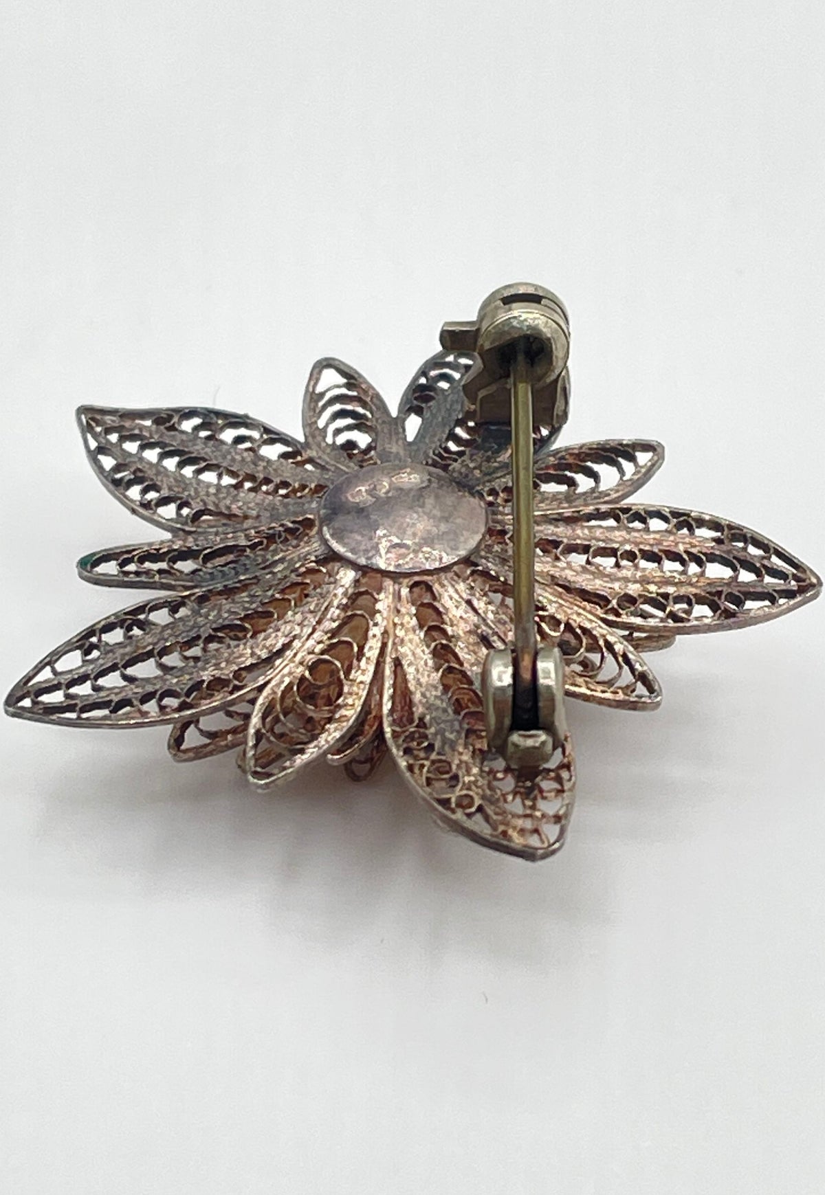 925 Sterling Silver Multi-Layered Openwork Filigree Flower Brooch Pin 3.9g